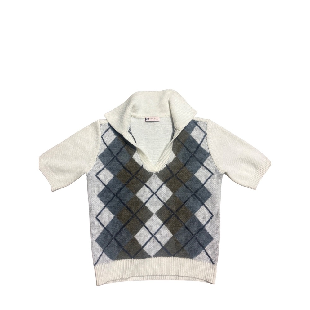SO Goods For Life Womens Argyle Short Sleeve Sweater Polo Collar Grey Green M